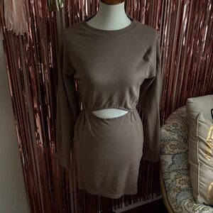 Long-sleeve Brown Tan Cut-Out Dress